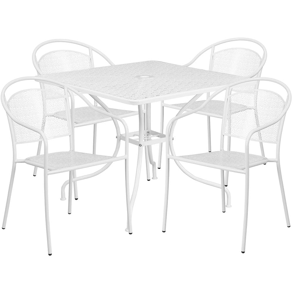 Flash Furniture CO-35SQ-03CHR4-WH-GG 35 1/4" Square Patio Table & (4) Round Back Arm Chair Set - Steel, White