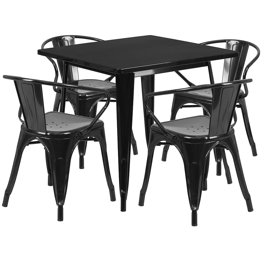 Flash Furniture ET-CT002-4-70-BK-GG 31 1/2" Square Table & (4) Arm Chair Set - Steel, Black