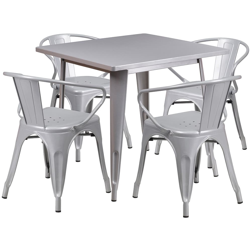 Flash Furniture ET-CT002-4-70-SIL-GG 31 1/2" Square Table & (4) Arm Chair Set - Steel, Silver