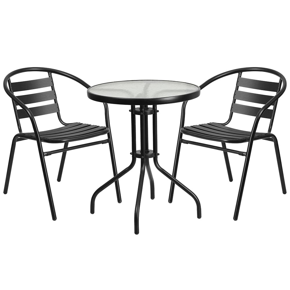 Flash Furniture TLH-071RD-017CBK2-GG 23 3/4" Round Patio Table & (2) Arm Chair Set - Glass Top, Black Metal Base