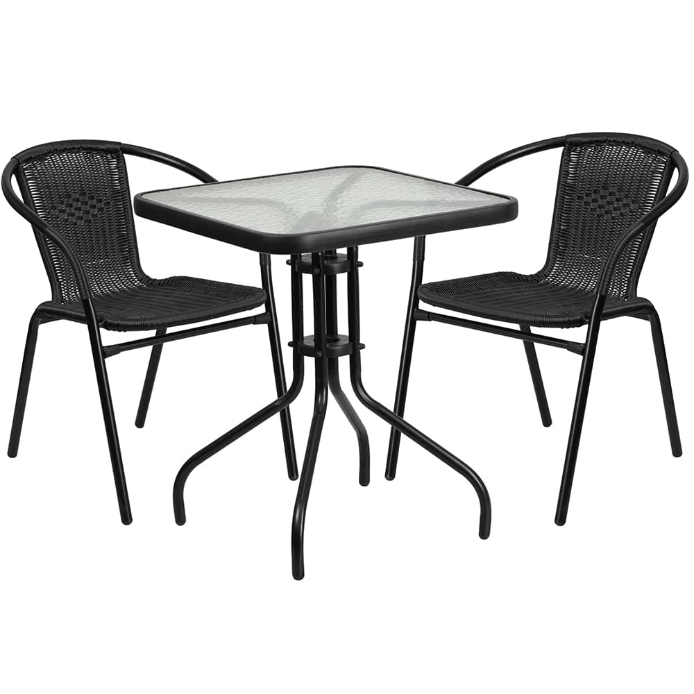 Flash Furniture TLH-0731SQ-037BK2-GG 23 1/2" Square Patio Table & (2) Black Rattan Arm Chair Set - Glass Top, Black Metal Base