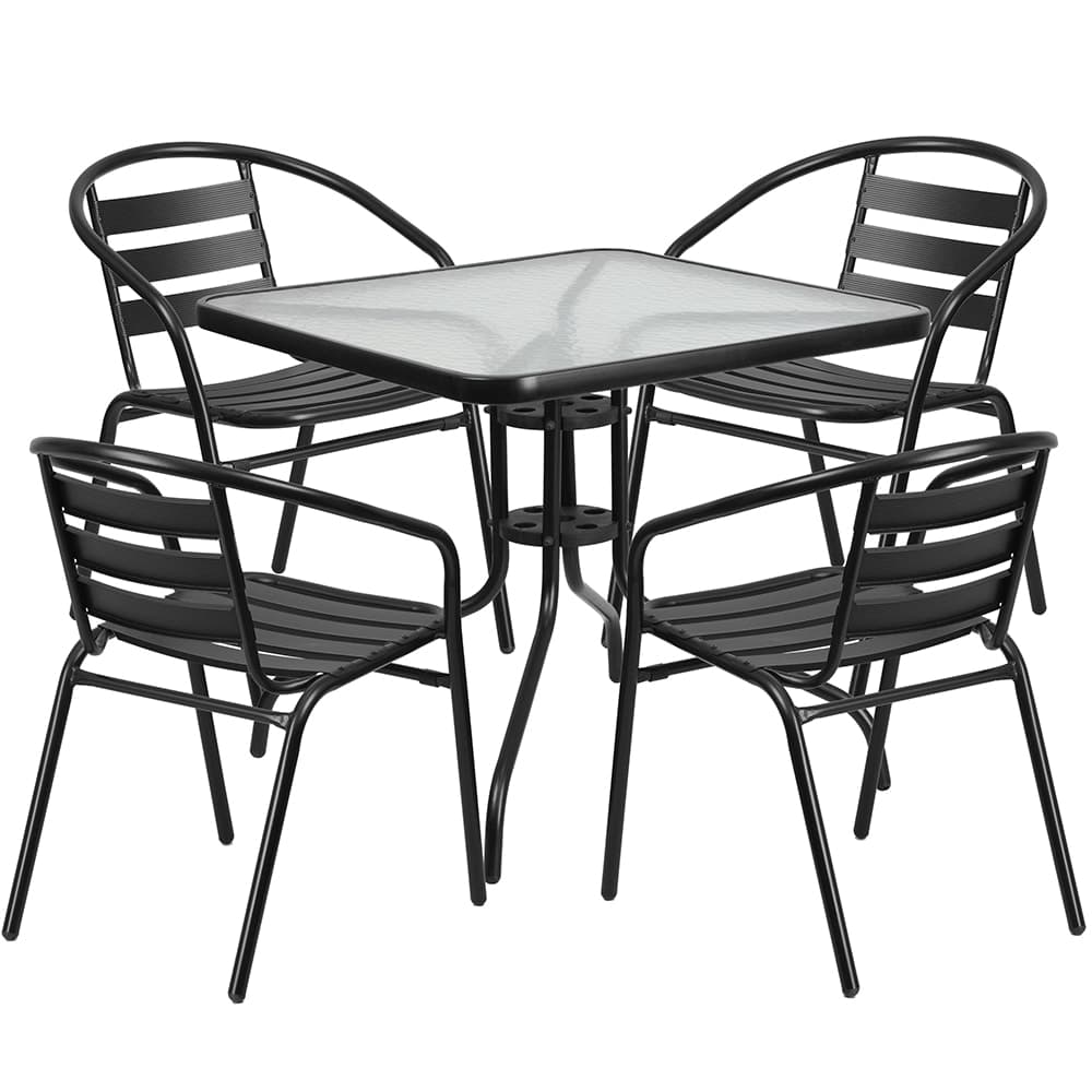 Flash Furniture TLH-0732SQ-017CBK4-GG 31 1/2" Square Patio Table & (4) Arm Chair Set - Glass Top, Black Metal Base