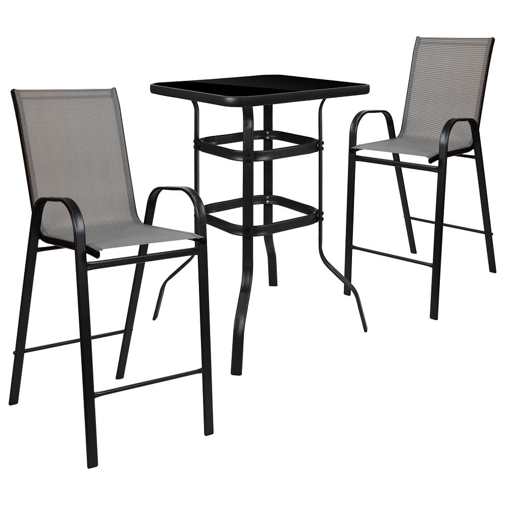 Flash Furniture TLH-073H092H-GR-GG 27 1/2" Square Patio Bar Table & (2) Gray Stool Set - Glass Top, Black Steel Base