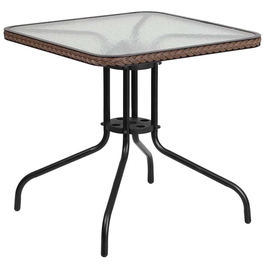 Flash Furniture TLH-073R-DK-BN-GG 28" Square Patio Table w/ Glass Top & Dark Brown Rattan Edge - Metal Base, Black