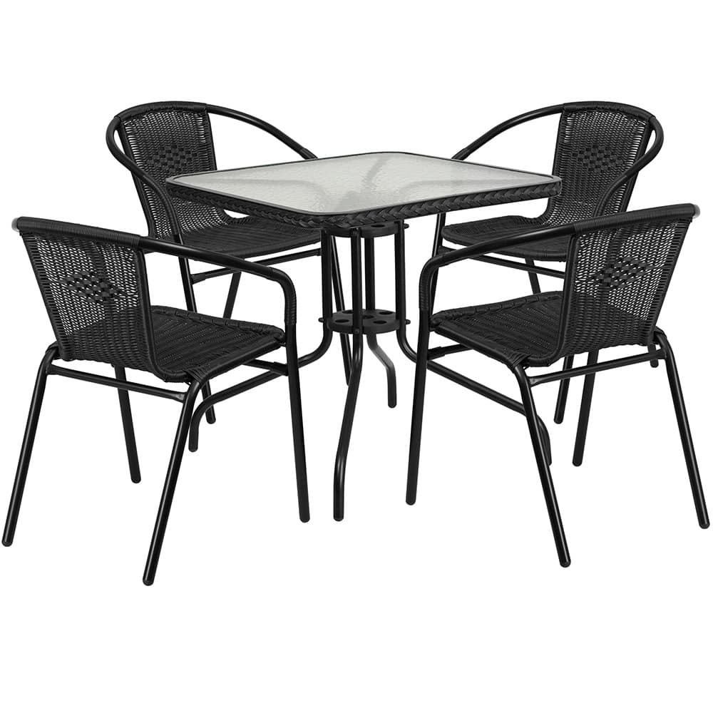 Flash Furniture TLH-073SQ-037BK4-GG 28" Square Patio Table & (4) Black Rattan Arm Chair Set - Glass Top, Black Metal Base