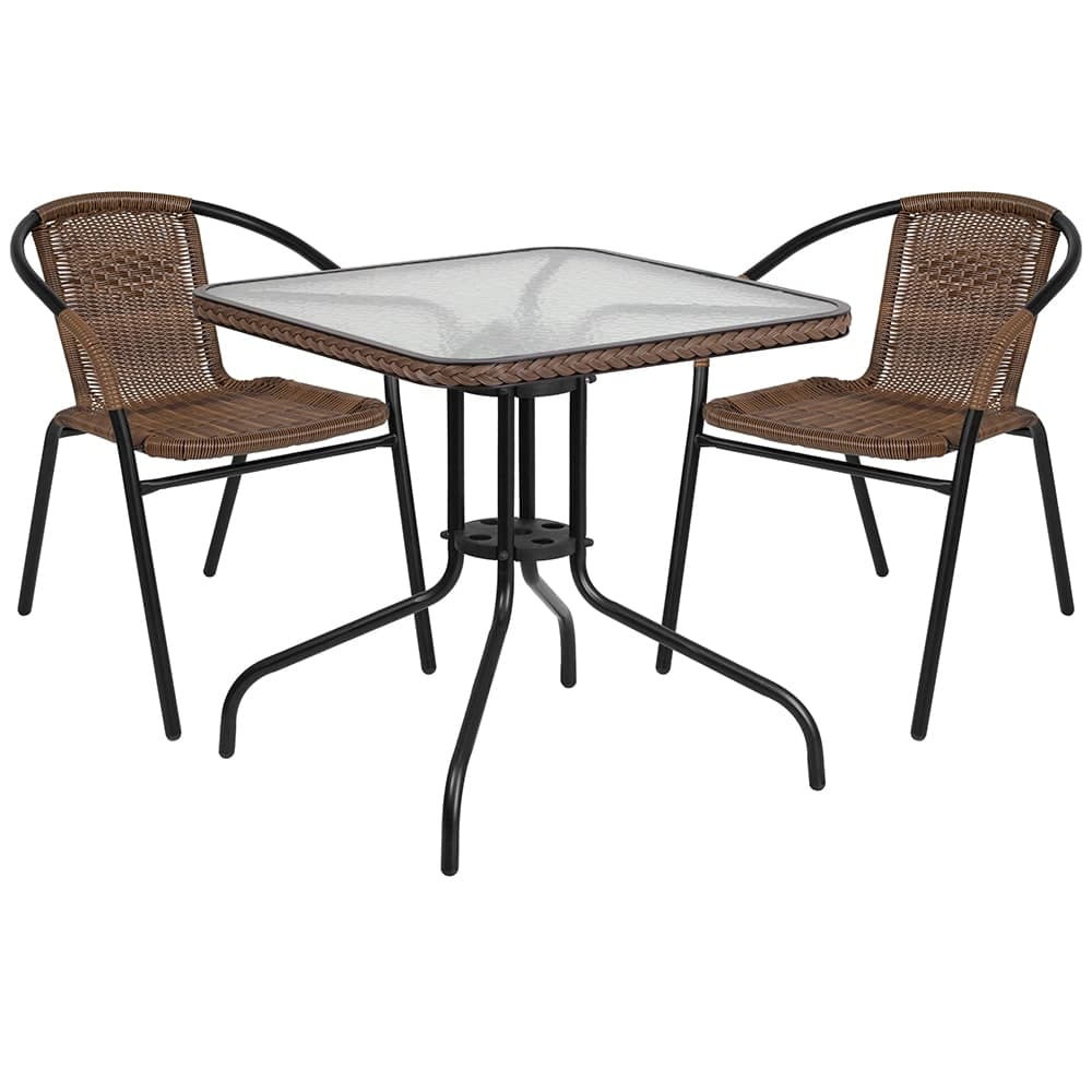 Flash Furniture TLH-073SQ-037BN2-GG 28" Square Patio Table & (2) Brown Rattan Arm Chair Set - Glass Top, Black Metal Base