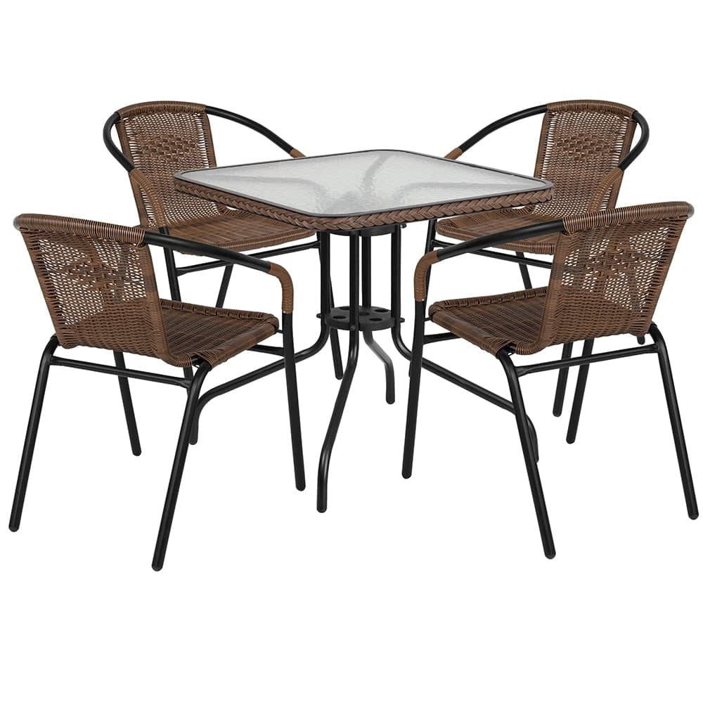 Flash Furniture TLH-073SQ-037BN4-GG 28" Square Patio Table & (4) Brown Rattan Arm Chair Set - Glass Top, Black Metal Base