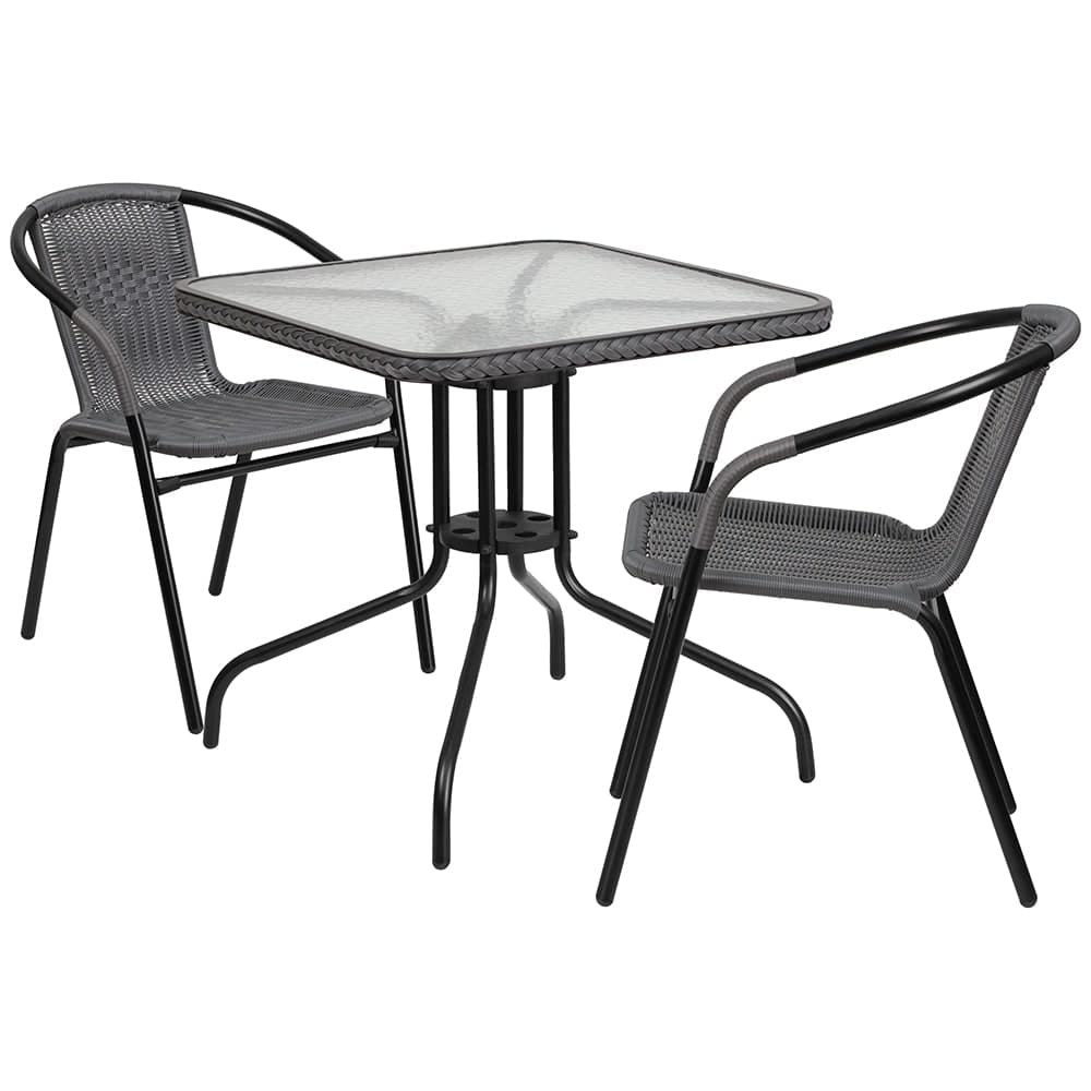 Flash Furniture TLH-073SQ-037GY2-GG 28" Square Patio Table & (2) Gray Rattan Arm Chair Set - Glass Top, Black Metal Base