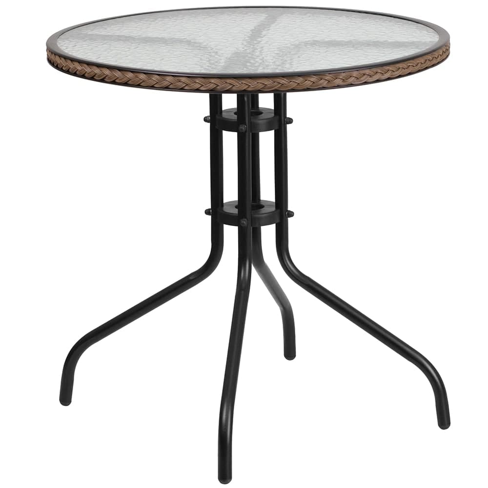 Flash Furniture TLH-087-DK-BN-GG 28" Round Patio Table w/ Glass Top & Dark Brown Rattan Edge - Metal Base, Black