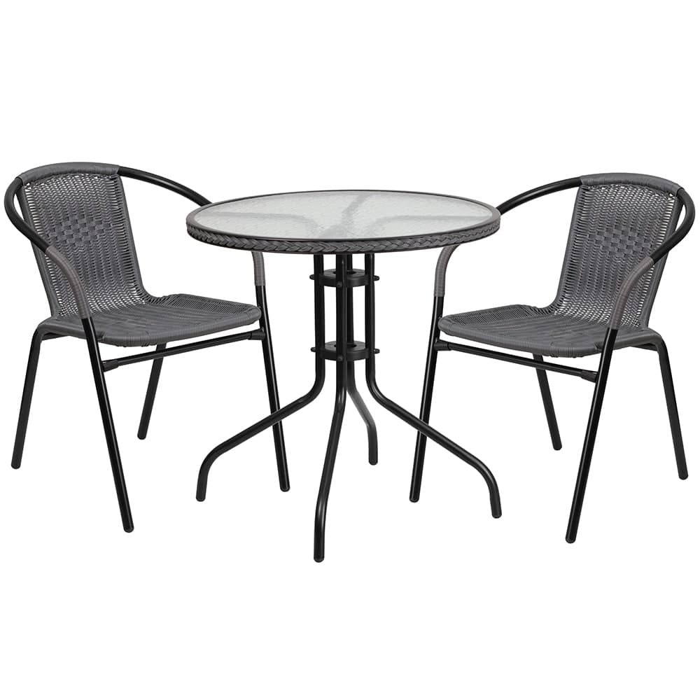 Flash Furniture TLH-087RD-037GY2-GG 28" Round Patio Table & (2) Gray Rattan Arm Chair Set - Glass Top, Black Metal Base