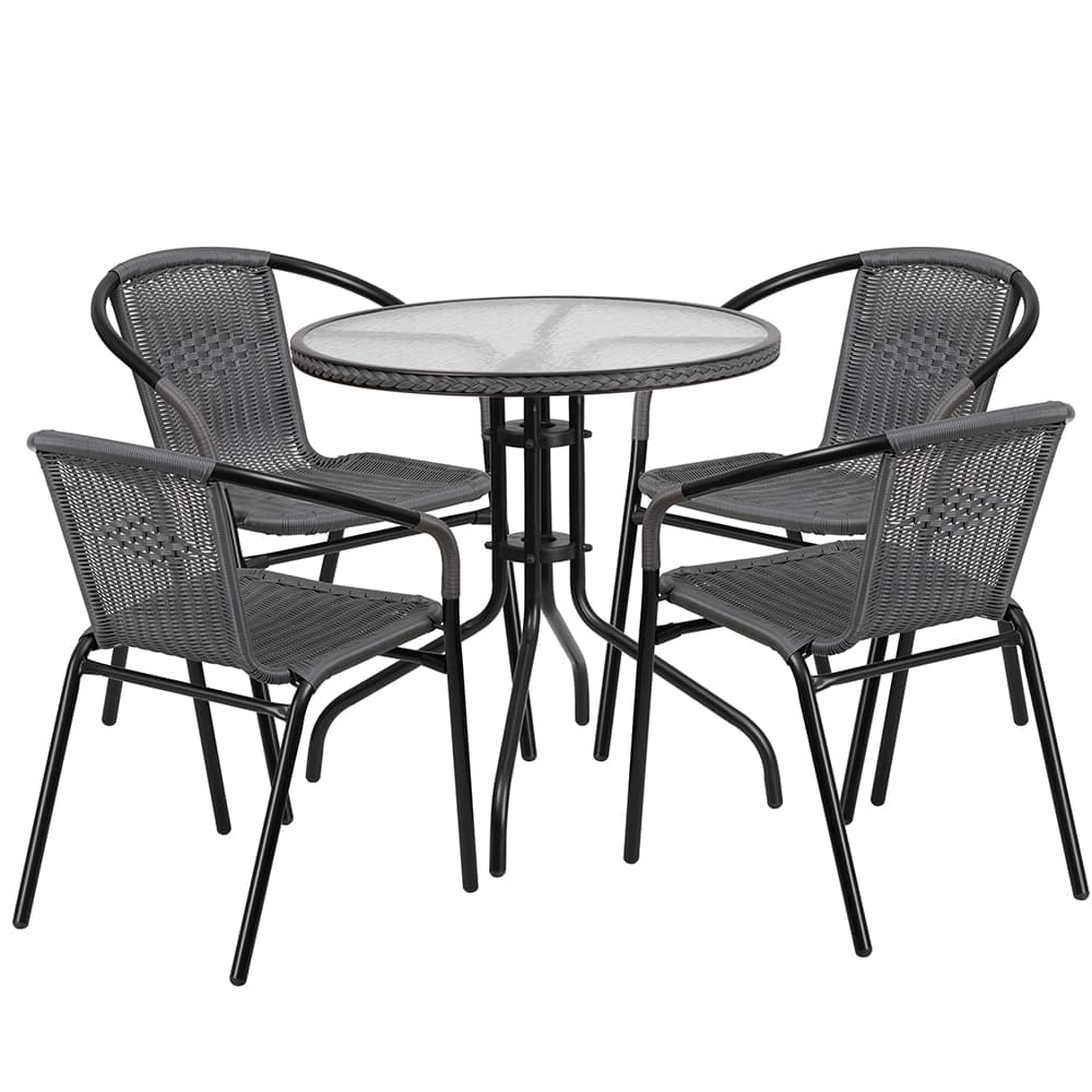 Flash Furniture TLH-087RD-037GY4-GG 28" Round Patio Table & (4) Gray Rattan Arm Chair Set - Glass Top, Black Metal Base