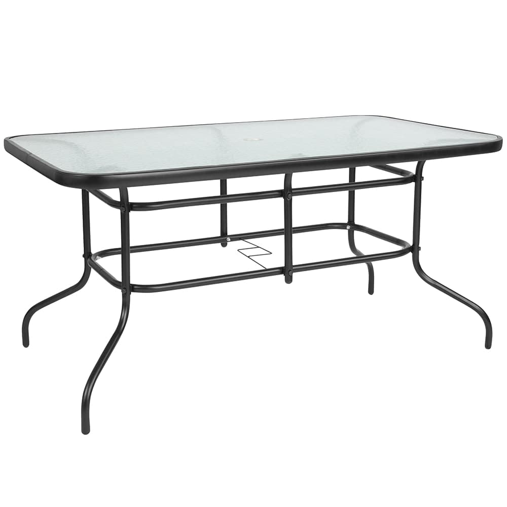 Flash Furniture TLH-089-GG Rectangular Patio Table w/ Glass Top & Umbrella Hole - Metal Base, Black