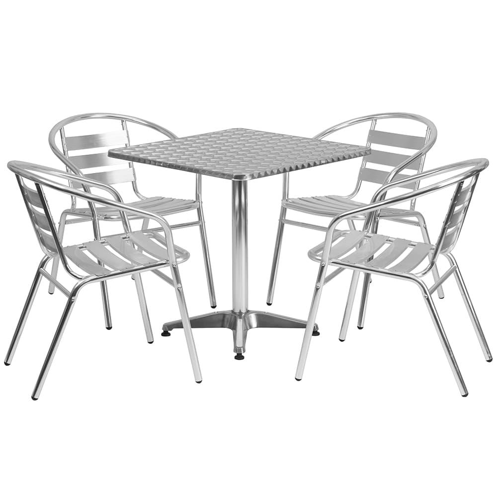 Flash Furniture TLH-ALUM-28SQ-017BCHR4-GG 27 1/2" Square Patio Table & (4) Arm Chair Set - Stainless Steel Top, Aluminum Base