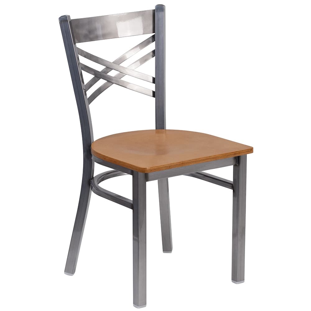 Flash Furniture XU-6FOB-CLR-NATW-GG Restaurant Chair w/ Metal Cross Back & Natural Wood Seat - Steel Frame, Silver