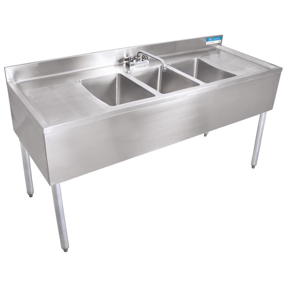 BK Resources UB4-18-360TS 60" 3 Compartment Underbar Sink w/ 10"L x 14"W Bowls, 10"Deep