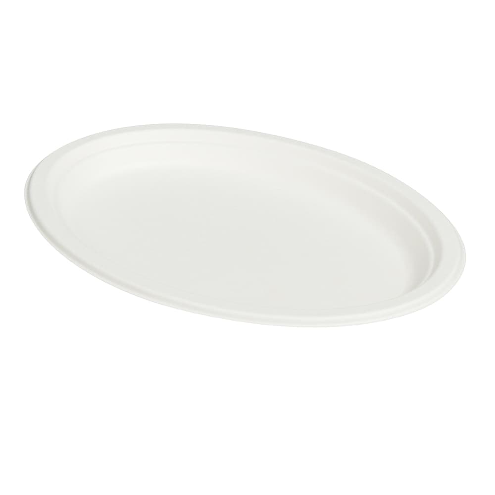 Fineline Oval Disposable Plate - 10 1/4" x 7 3/4", Baggase, White (43OP107)