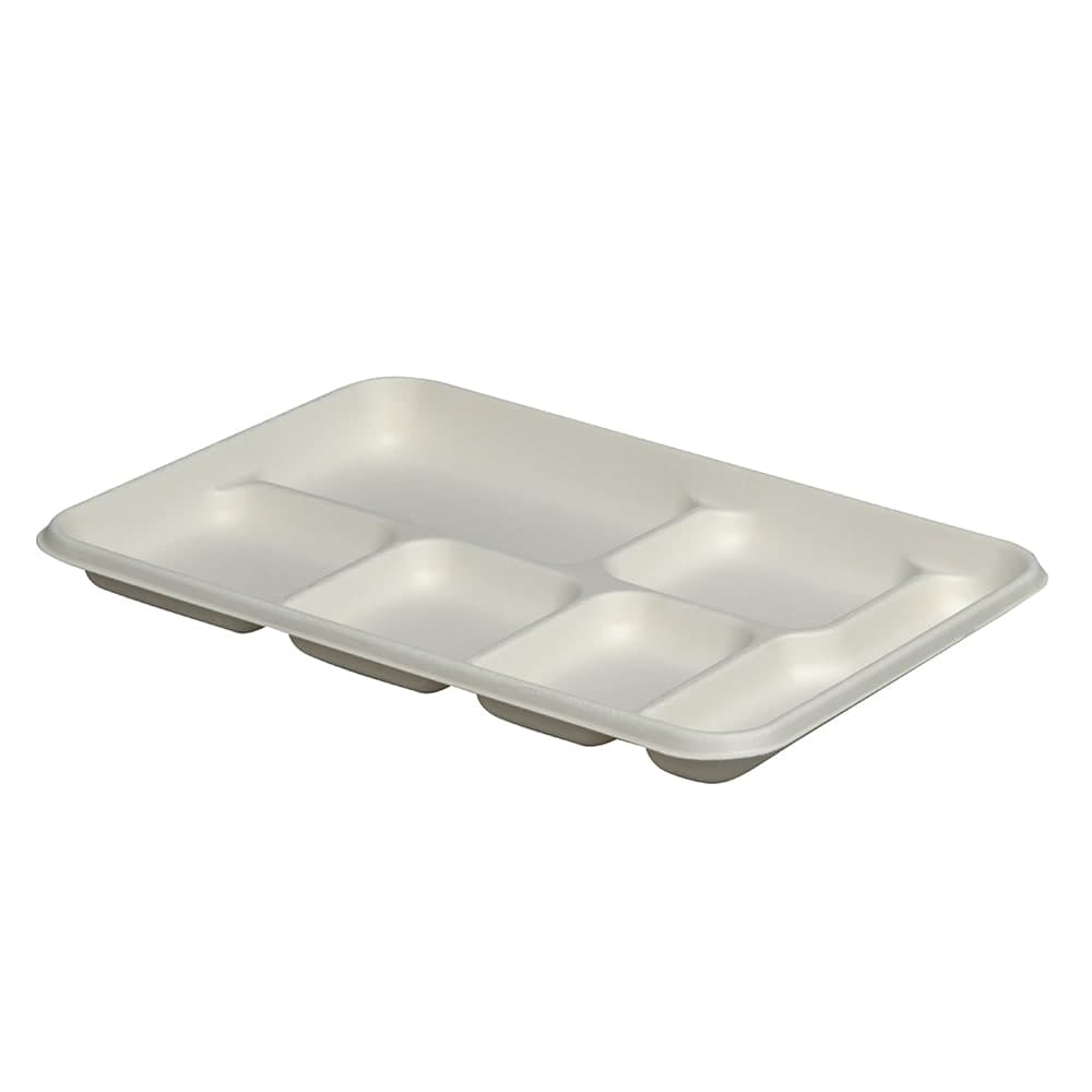 Fineline Rectangular Disposable Tray w/ (6) Compartments - 12 7/10" x 8 7/10" , Bagasse, White (43RCT128S6)