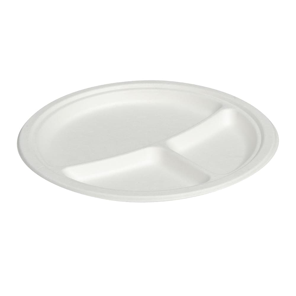 Fineline 9" Round Disposable Plate w/ (3) Compartments - Baggase, White (43RP09S3)