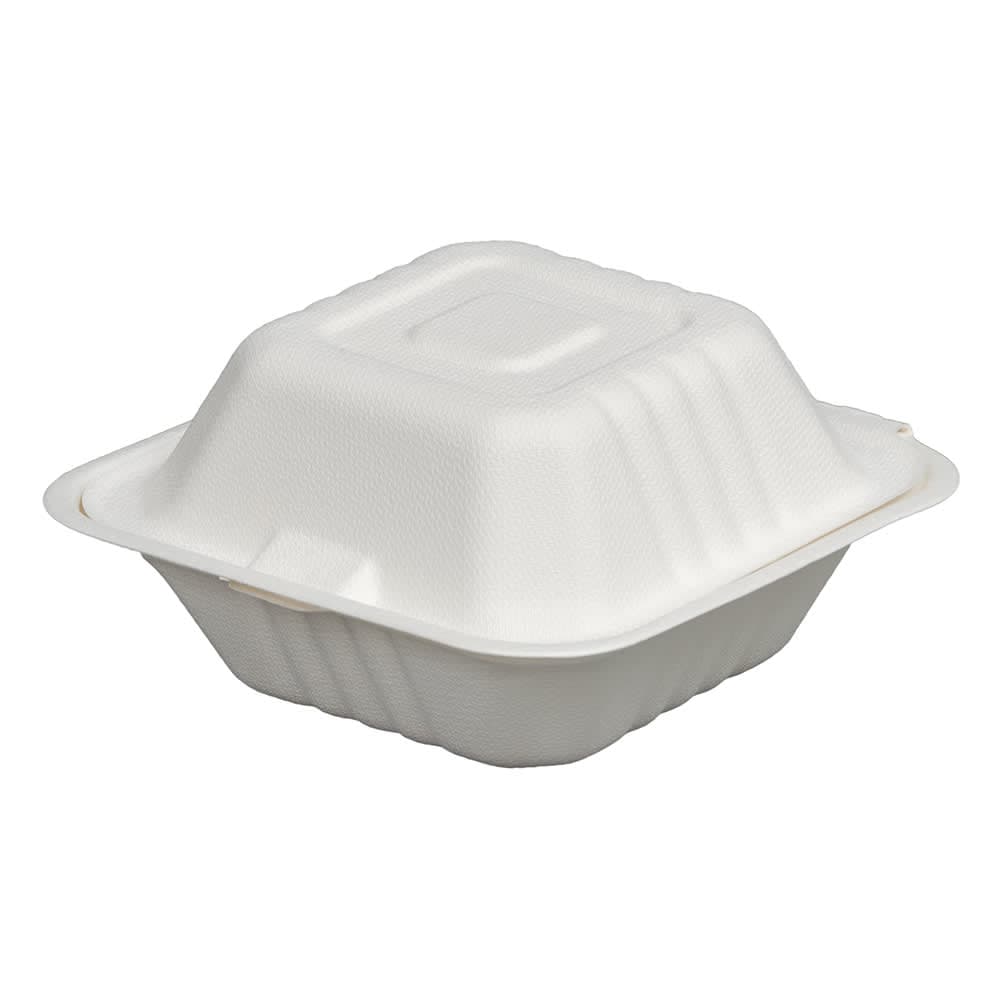 Fineline Disposable Hinged Container - 6"L x 6"W x 3 1/10" H, Bagasse, White (43SH6)