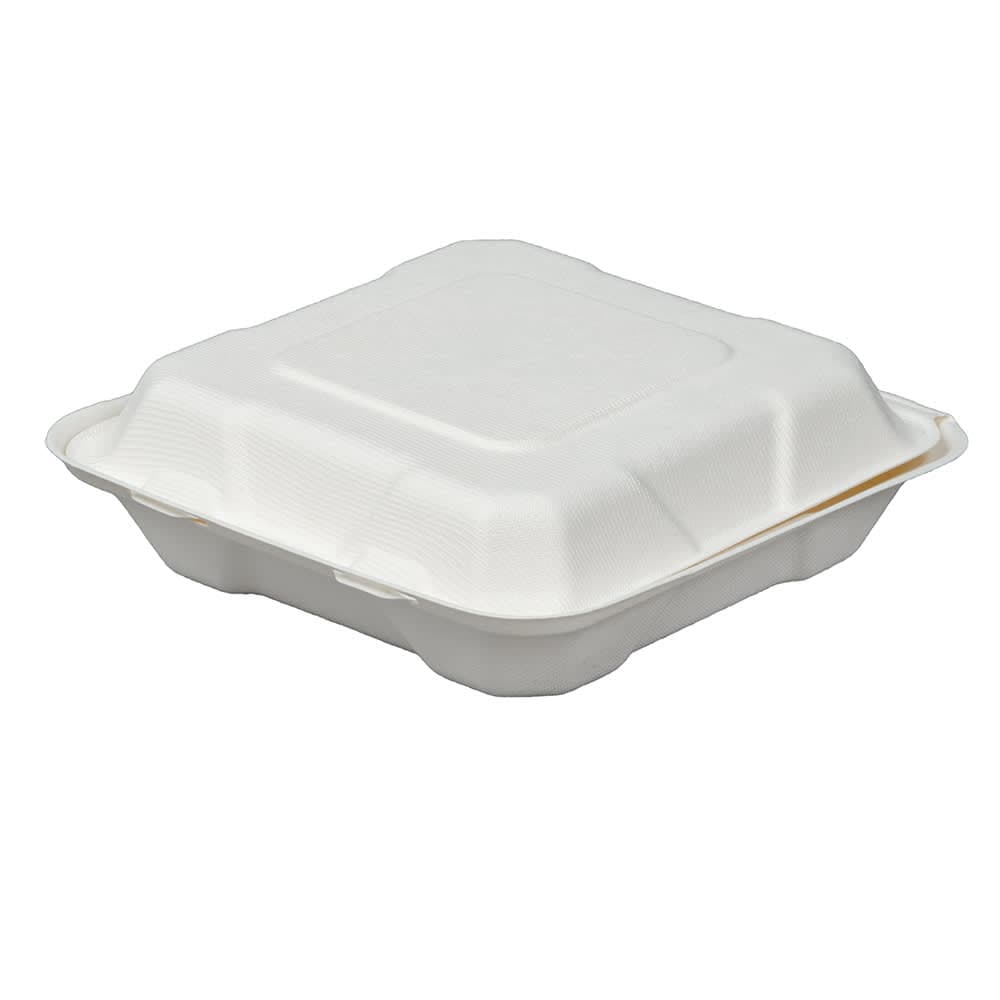 Fineline Disposable Hinged Container - 8"L x 8"W x 2 1/2"H, Bagasse, White (43SH8)