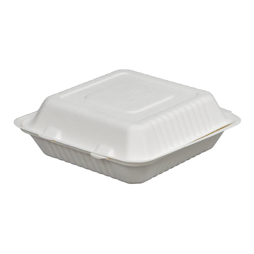 Fineline Disposable Hinged Container - 9"L x 9"W x 3 1/10" H, Bagasse, White (43SHD9)