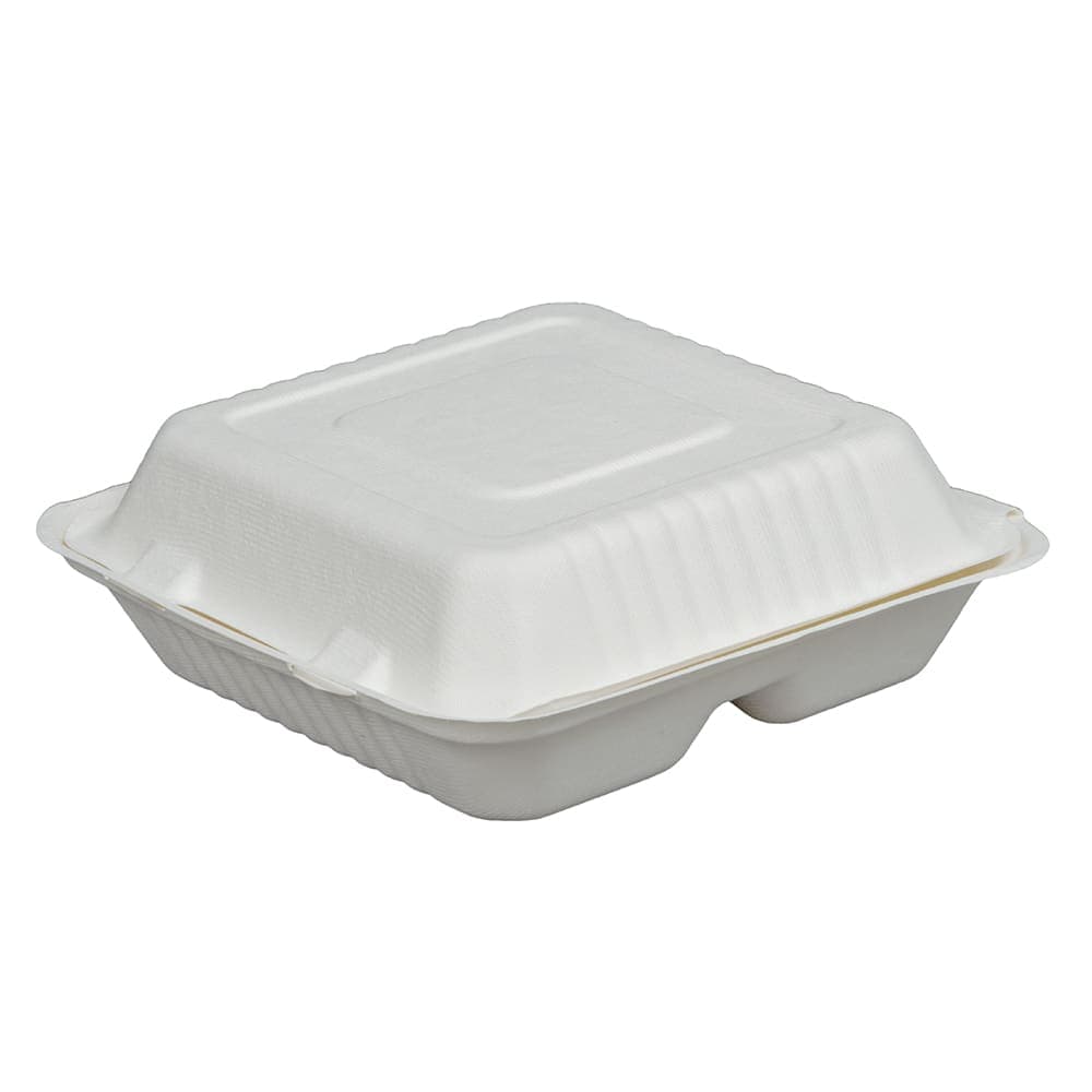 Fineline Disposable Hinged Container w/ (3) Compartments - 9"L x 3 1/10" H, Bagasse, White (43SHD9S3)