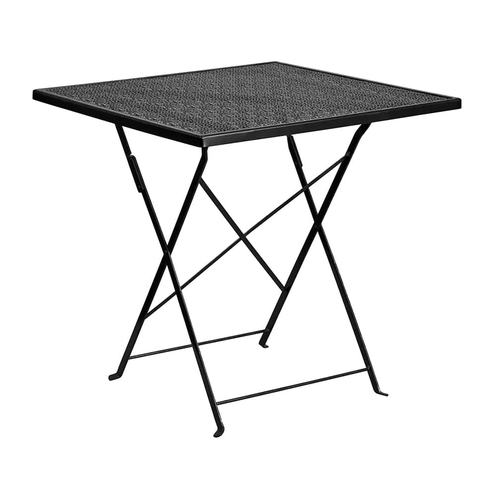 MoTak M102 28" Square Folding Patio Table - Black Powder Coated Steel w/ Rain Flower Design