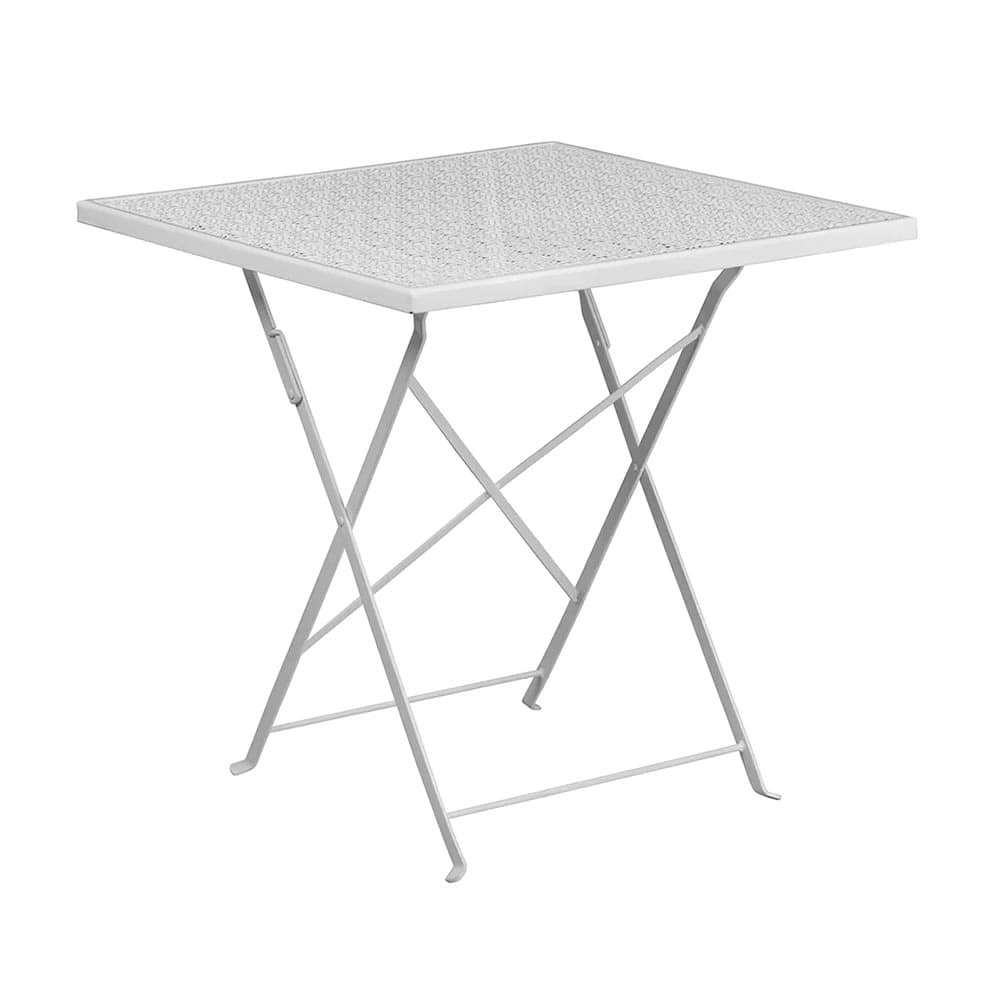 MoTak M180 28" Square Folding Patio Table - White Powder Coated Steel w/ Rain Flower Design