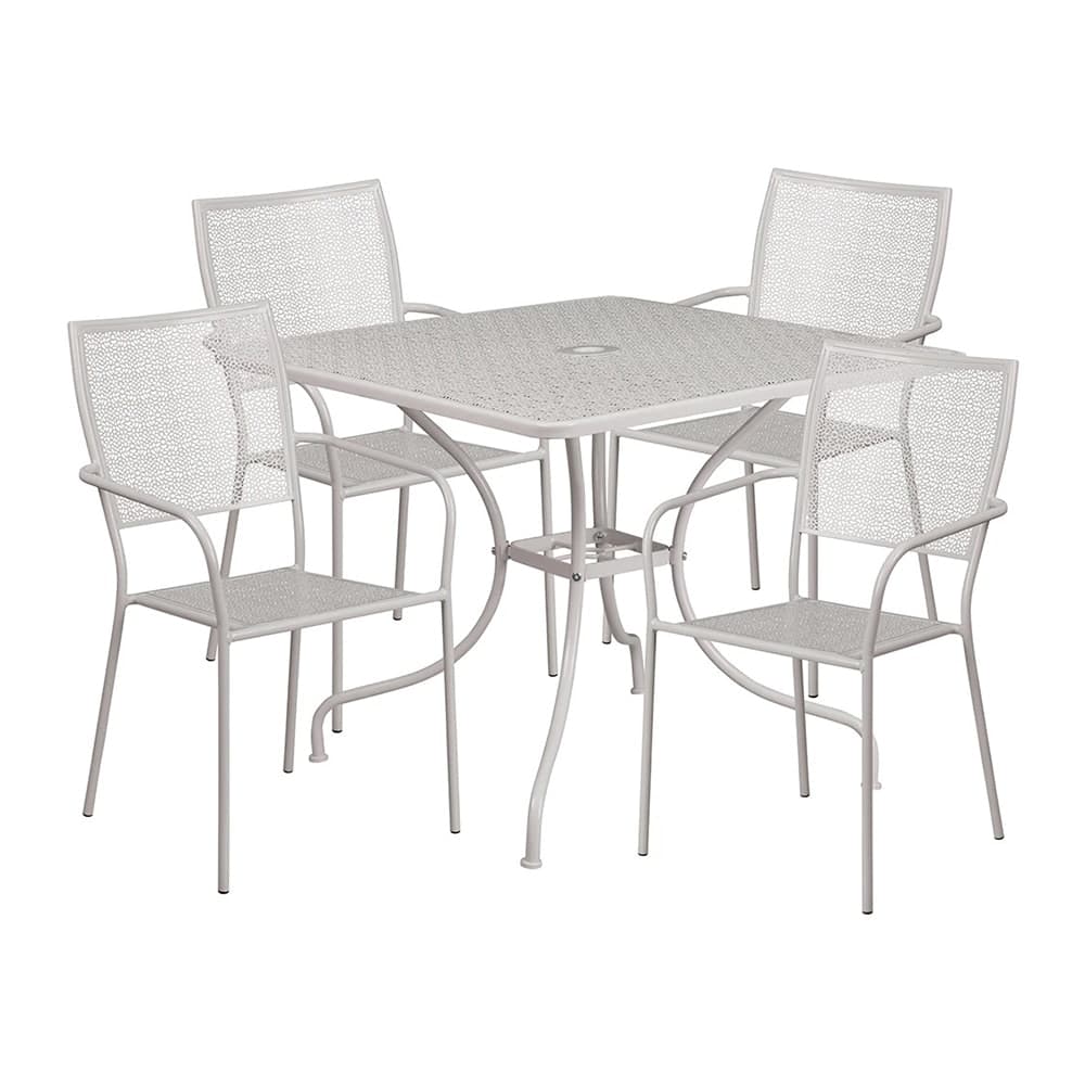 MoTak M215 35 1/4" Square Patio Table w/ (4) Square Back Arm Chairs - Steel, Light Gray w/ Rainflower Design