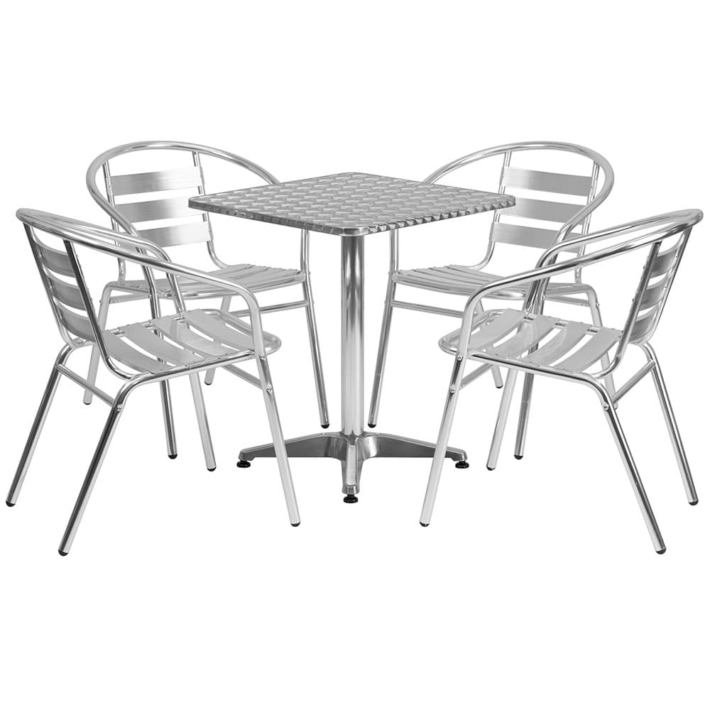 MoTak M234 23 1/2" Square Patio Table w/ (4) Arm Chairs - Smooth Stainless Steel Top, Aluminum Column & Base