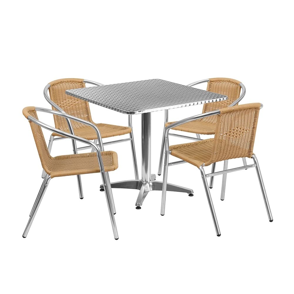 MoTak M245 31 1/2" Square Patio Table w/ (4) Rattan Arm Chairs - Smooth Stainless Steel Top, Aluminum Base