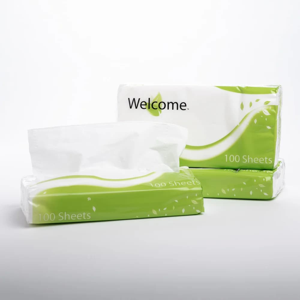 Welcome Facial Tissue, 2-Ply, Flat Poly Bag, 7.8" x 7.8", 100 Sheet, 30 Packs/Case thumbnail 4