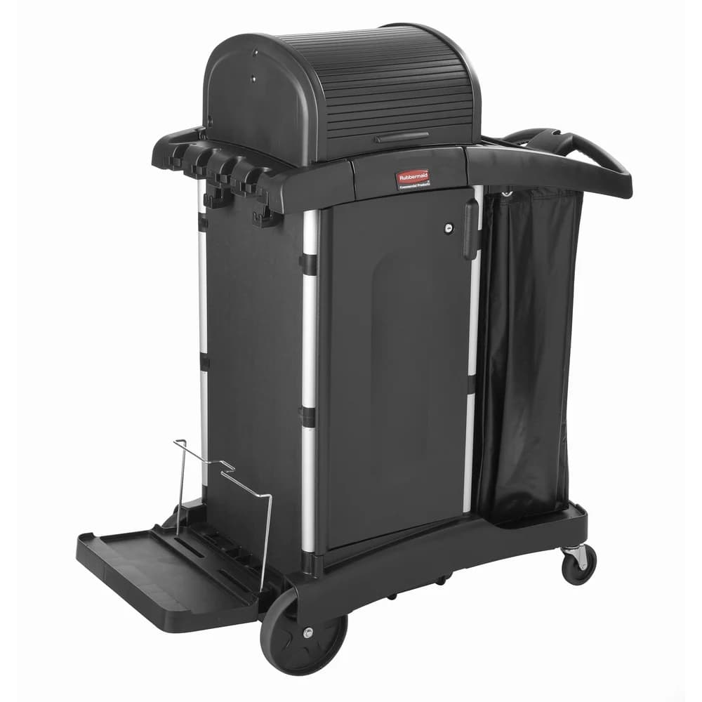 Rubbermaid High Security Janitor Cleaning Cart with Locking Hood and Cabinets, Black