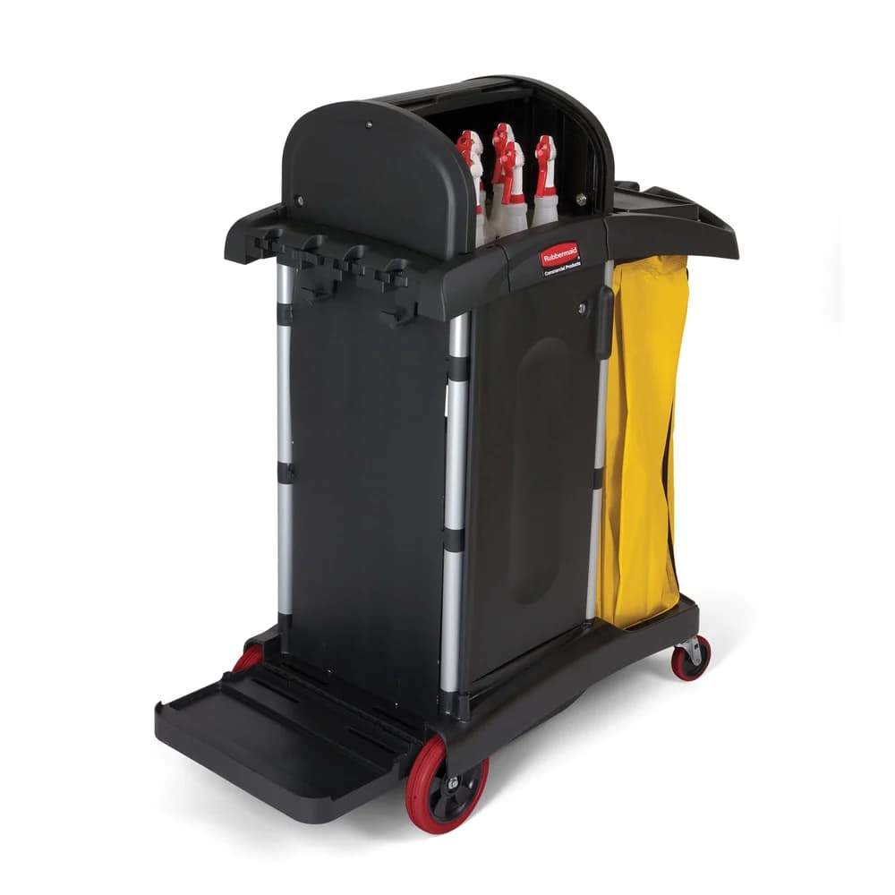 Rubbermaid High Security Janitor Cleaning Cart with Locking Hood and Cabinets, Black thumbnail 3