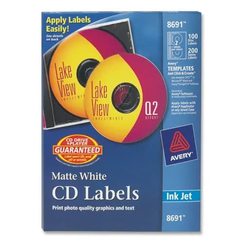 Avery® Inkjet CD Labels, Matte White, 100/Pack
