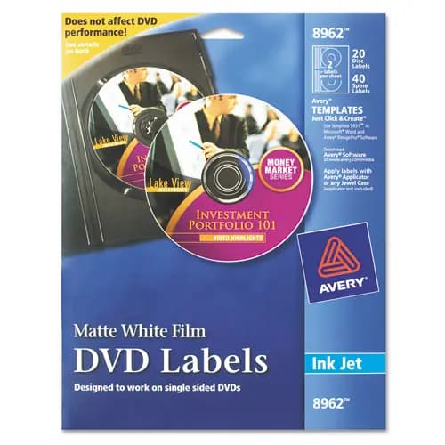 Avery® Inkjet DVD Labels, Matte White, 20/Pack