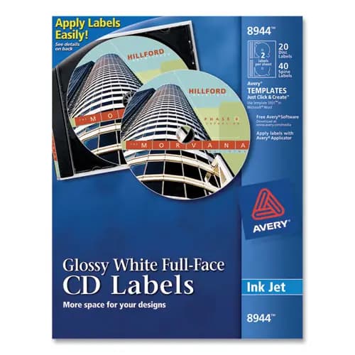 Avery® Inkjet Full-Face CD Labels, Glossy White, 20/Pack