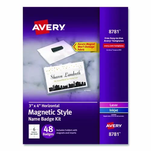 Avery® Magnetic Style Name Badge Kit, Horizontal, 4" x 3", White, 48/Pack