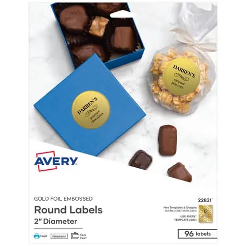 Avery® Round Labels, 2" Diameter, Gold, For Inkjet Printers, 12 Labels/Sheet, 8 Sheets/Pack