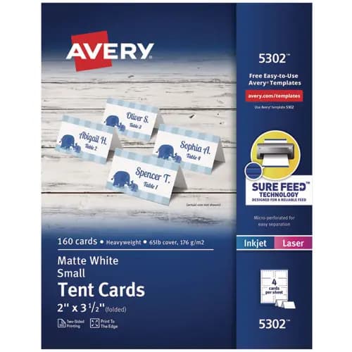 Avery® Small Tent Card, White, 3.5 x 2, 4 Cards/Sheet, 40 Sheets/Pack