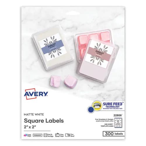 Avery® Square Labels with Sure Feed and TrueBlock, 2 x 2, White, 300/Pack
