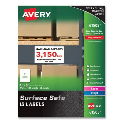 Avery® Surface Safe ID Labels, 4 x 6, White, 2/Sheet, 50 Sheets/Box
