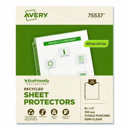 Avery® Top-Load Recycled Polypropylene Sheet Protector, Semi-Clear, 100/Box