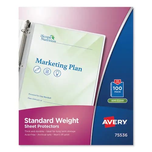 Avery® Top-Load Sheet Protector, Standard Weight, Letter Size, Semi-Clear, 100/Box