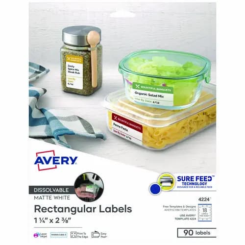Avery® White Dissolvable Labels w/ Sure Feed, 1.25 x 2.38, White, 90/PK
