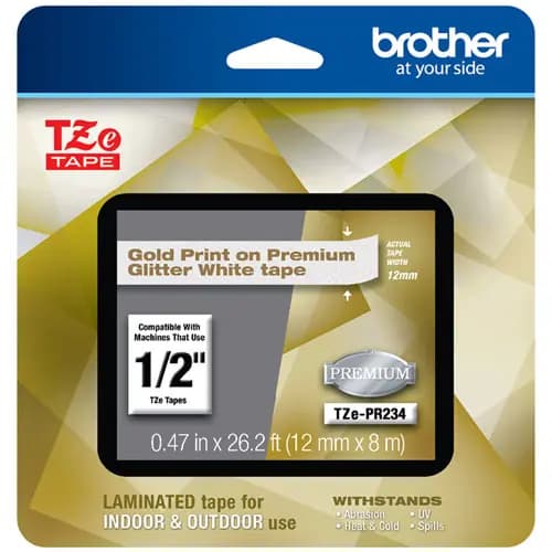 Brother TZe Premium Laminated Tape, 0.47" x 26.2 ft, Gold on White
