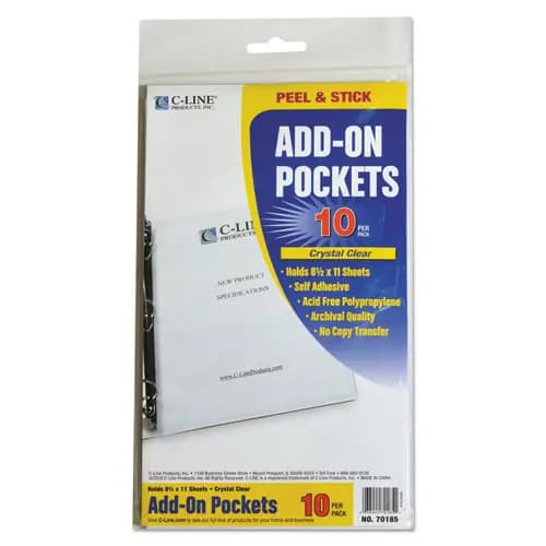 C-Line® Peel and Stick Add-On Filing Pockets, 11 x 8.5, 10/Pack