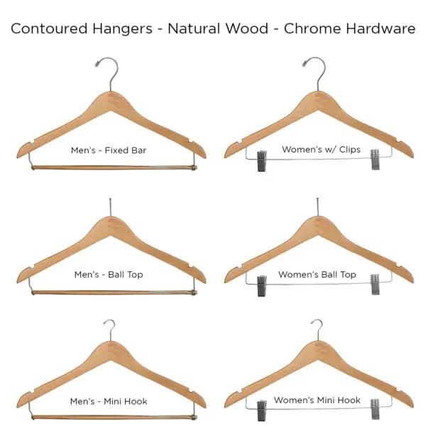 Contoured Hangers – Multiple Styles – Natural/Chrome – Case of 100