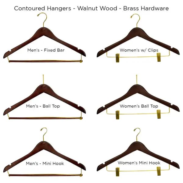Contoured Hangers – Multiple Styles – Walnut/Brass – Case of 100