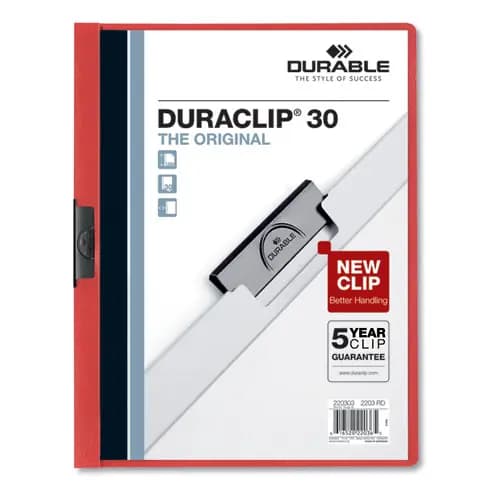 Durable® DuraClip Report Cover, Clip Fastener, 8.5 x 11, Clear/Red, 25/Box